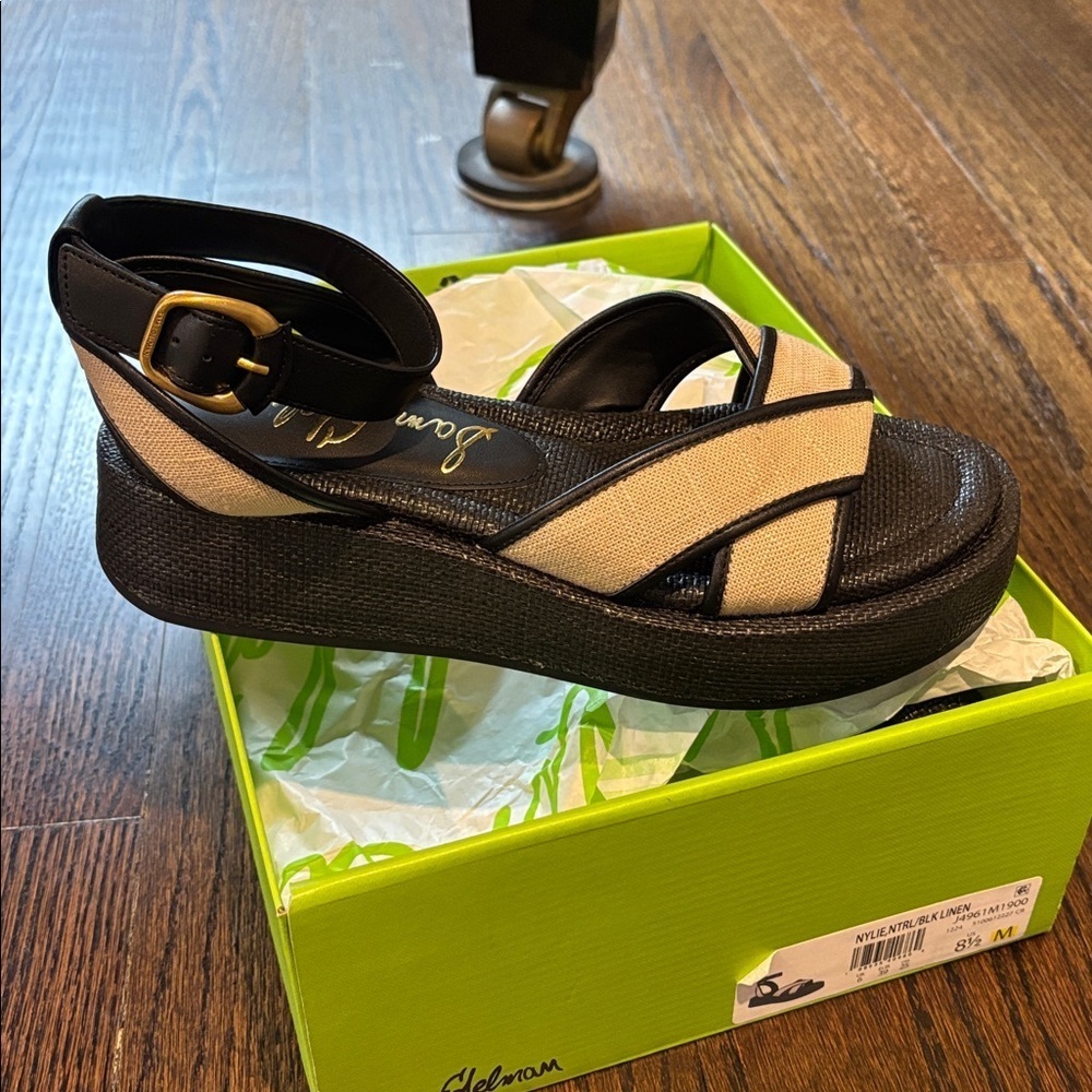 Sam Edelman Nylie Woven Platform Black and Tan Women's Sandals - Picture 2 of 6